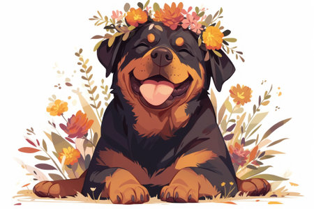 Rottweiler, cute cartoon character with bouquet, single object, Di-Cut png style, isolated on white backgroundの素材