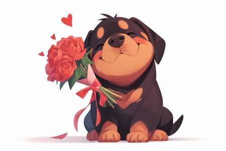 Rottweiler, cute cartoon character with bouquet, single object, Di-Cut png style, isolated on white backgroundの素材