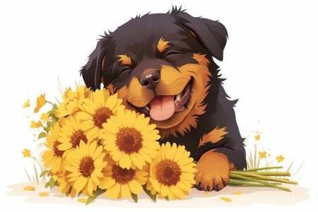 Rottweiler, cute cartoon character with bouquet, single object, Di-Cut png style, isolated on white backgroundの素材