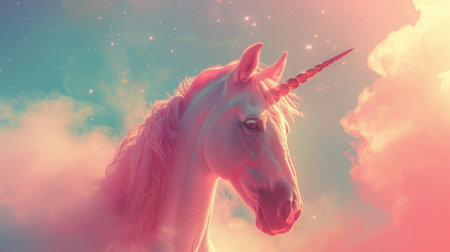 Majestic unicorn against a dreamy sky landscape, captured in soft pastel shades of pink and blue, evoking magic and fantasy.の素材