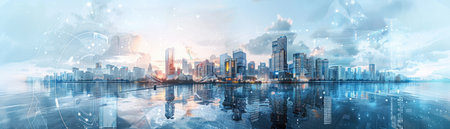 Stunning futuristic cityscape with tall skyscrapers, reflections in water, technology elements, and a radiant sunrise. Ideal for urban and tech themes.の素材