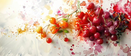 Abstract watercolor painting with vibrant cherries and grapes. Artistic splash of colors creating a refreshing and lively summer vibe.の素材