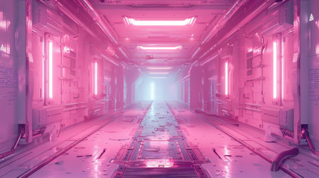Futuristic hallway with vivid pink neon lights and a clean, modern design, suggesting a sci-fi or cyberpunk setting.の素材