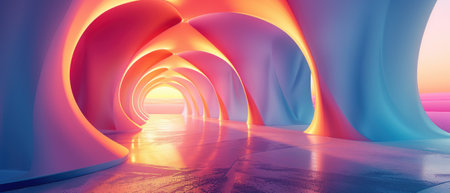 Surreal futuristic tunnel with vibrant neon lights. Abstract digital art showcasing a colorful and illuminated pathway. Modern, bright, and dreamlike scene.の素材