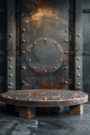 A rustic metal platform with rivets sits in front of a worn, industrial metal wall.  The platform is perfect for showcasing products or creating a moody backdrop.の素材