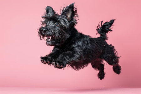 Scottish Terrier dog Jumping and remaining in mid-air, studio lighting, isolated on pastel background, stock photographic styleの素材