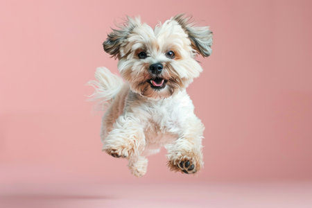 Tibetan Terrier dog Jumping and remaining in mid-air, studio lighting, isolated on pastel background, stock photographic styleの素材