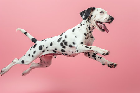 Dalmatian dog Jumping and remaining in mid-air, studio lighting, isolated on pastel background, stock photographic styleの素材