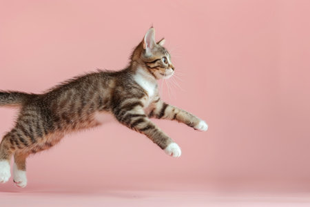 American Wirehair cat Jumping and remaining in mid-air, studio lighting, isolated on pastel background, stock photographic styleの素材
