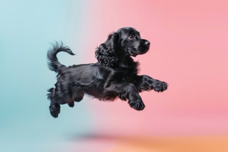 Cocker Spaniel dog Jumping and remaining in mid-air, studio lighting, isolated on pastel background, stock photographic styleの素材