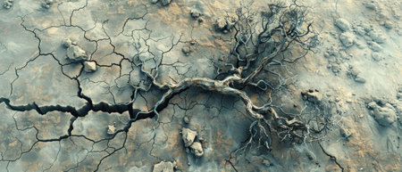 Abstract cracked earth texture with a dark blue vein pattern.の素材