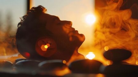 A man relaxes in a hot tub at sunset, surrounded by smooth stones.  The warm glow of the setting sun illuminates his face, creating a sense of peace and tranquility.の素材