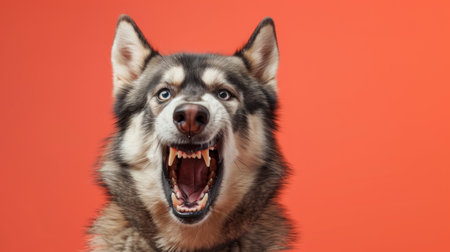 Alaskan Malamute, angry dog baring its teeth, studio lighting pastel backgroundの素材