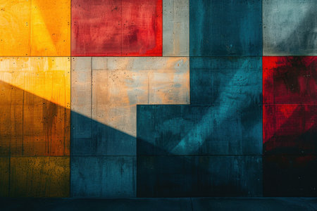 Abstract geometric pattern with bold colors in red, yellow, blue and white.の素材