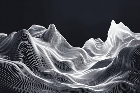 Abstract digital landscape with white glowing lines on a black background.の素材