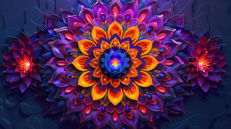 Abstract colorful floral mandala design with vibrant hues of purple, orange, and blue.  Perfect for backgrounds, wallpapers, and decorative art.の素材