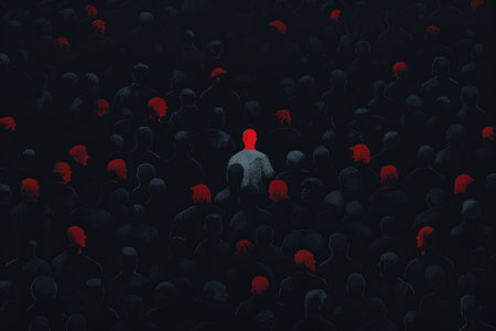 A single red figure stands out in a sea of black and red figures, symbolizing individuality and standing out from the crowd.の素材