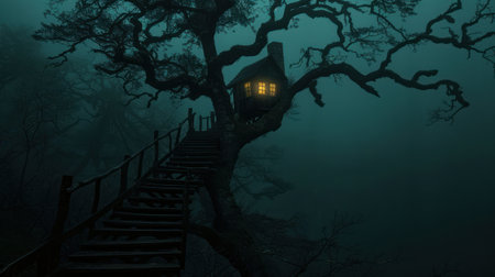 A mysterious treehouse with glowing windows sits high in a misty forest. The winding staircase leading up to it suggests a hidden story waiting to be told.の素材
