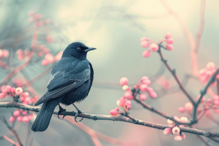 Blackbird, isolated on pastel background, stock photographic styleの素材