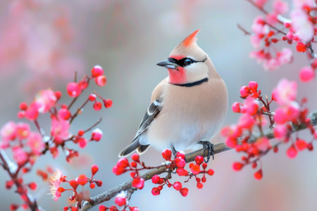 Bohemian Waxwing, isolated on pastel background, stock photographic styleの素材