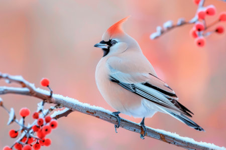 Bohemian Waxwing, isolated on pastel background, stock photographic styleの素材