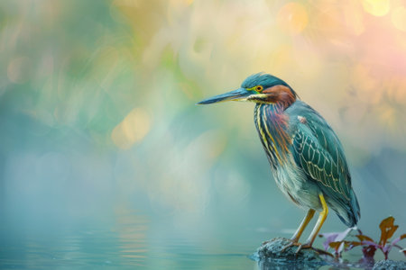 Green Heron, isolated on pastel background, stock photographic styleの素材