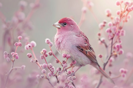 Purple Finch, isolated on pastel background, stock photographic styleの素材