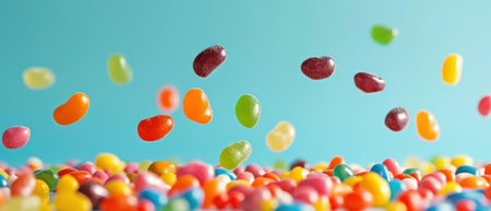 Jelly beans, rising, bullet shot, solid pastel backgroundの素材