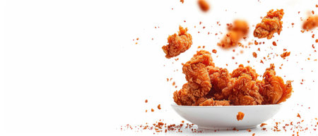 Fried chicken, rising, bullet shot, solid white backgroundの素材