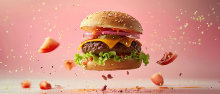 Juicy cheeseburger with lettuce and tomato, floating against a pink background.の素材