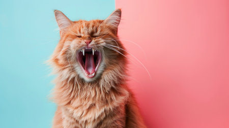 Siberian, angry cat baring its teeth, studio lighting pastel backgroundの素材