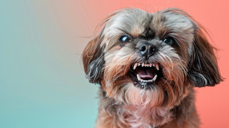 Shih Tzu, angry dog baring its teeth, studio lighting pastel backgroundの素材