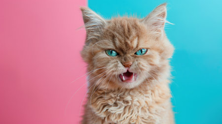 Selkirk Rex, angry cat baring its teeth, studio lighting pastel backgroundの素材