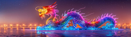 Worms-eye view of a majestic ice sculpture dragon at Harbin Ice and Snow Festival, illuminated under colorful spotlights, starry night backdrop, oil painting style with vibrant huesの素材