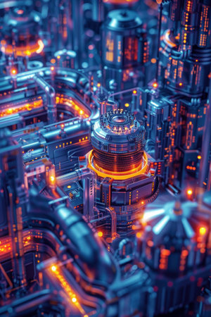 Hightech manufacturing plant, modern equipment, top view, focusing on machinery, cybernetic tone, Triadic Color Schemeの素材