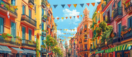 Eye-level angle, vibrant streets of Festa Major de Gracia, colorful, intricate decorations, traditional Catalan costumes, festive atmosphere, oil painting styleの素材