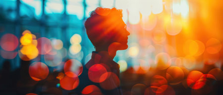 Empowering speech at seminar, close up, focus on, bright and energetic palette, Double exposure silhouette with engaging audienceの素材