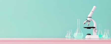 Microscope and beakers on a pink surface with a turquoise background.の素材
