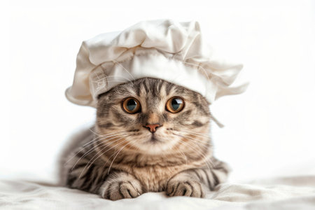 Happy cat wearing Baker costumes, studio lighting, isolated on white background, stock photographic styleの素材