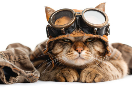 Happy cat wearing Miner costumes, studio lighting, isolated on white background, stock photographic styleの素材