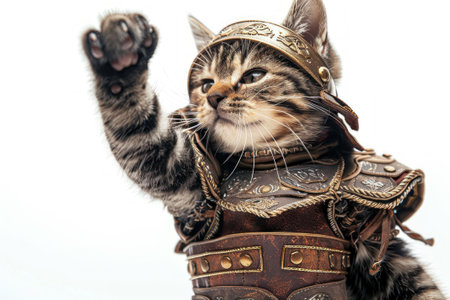 Happy cat wearing Gladiator costumes, studio lighting, isolated on white background, stock photographic styleの素材