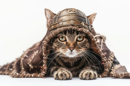 Happy cat wearing Gladiator costumes, studio lighting, isolated on white background, stock photographic styleの素材