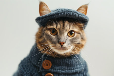 Happy cat wearing Mail Carrier costumes, studio lighting, isolated on white background, stock photographic styleの素材