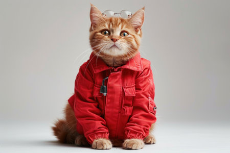 Happy cat wearing Mechanic costumes, studio lighting, isolated on white background, stock photographic styleの素材