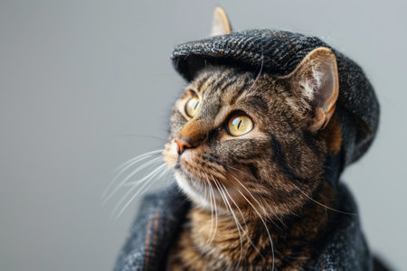 Happy cat wearing Reporter costumes, studio lighting, isolated on white background, stock photographic styleの素材