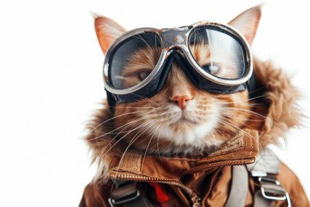 Happy cat wearing Pilot costumes, studio lighting, isolated on white background, stock photographic styleの素材