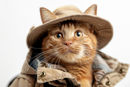 Happy cat wearing Safari Explorer costumes, studio lighting, isolated on white background, stock photographic styleの素材