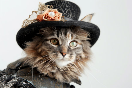 Happy cat wearing Victorian Lady costumes, studio lighting, isolated on white background, stock photographic styleの素材