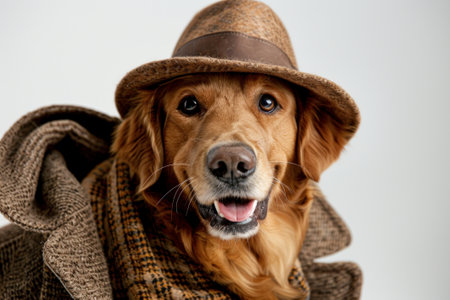 Happy Dog wearing Detective costumes, studio lighting, isolated on white background, stock photographic styleの素材