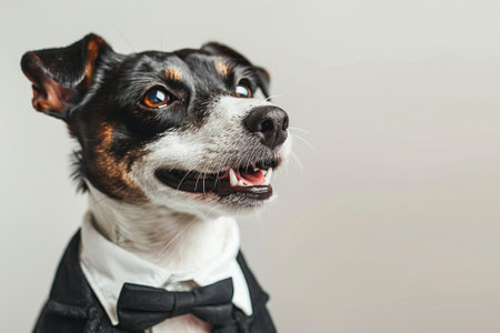 Happy Dog wearing Businessperson costumes, studio lighting, isolated on white background, stock photographic styleの素材